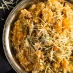 pinterest image with title for pumpkin and chicken risotto.