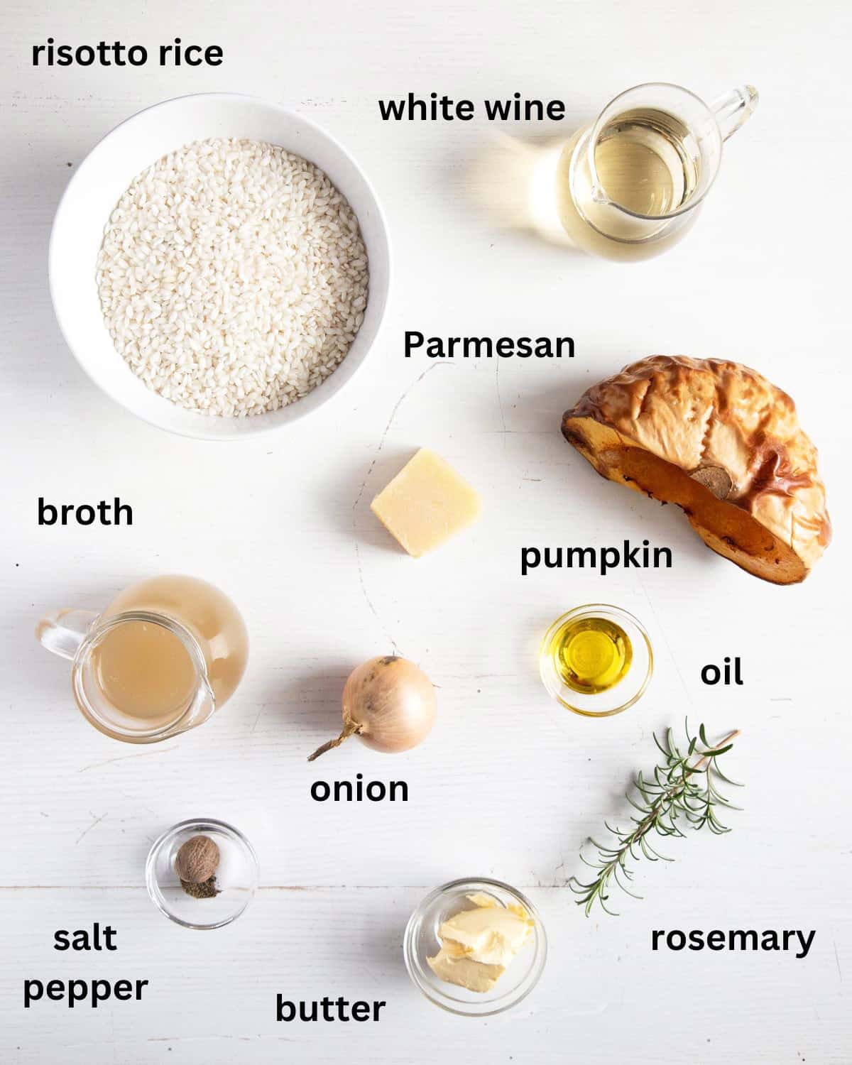 listed ingredients for making risotto with pumpkin and parmesan.