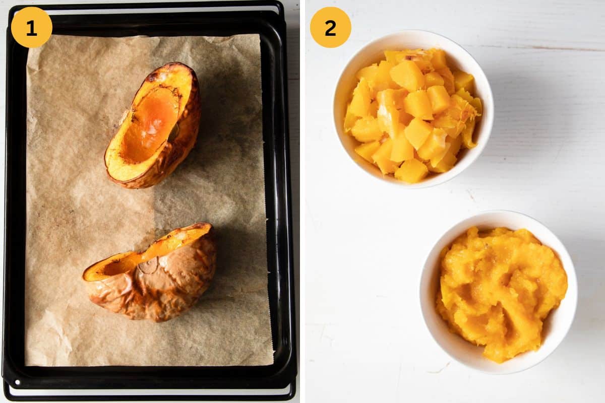 collage of two pictures of roasted pumpkin halves on a tray, and pumpkin puree and cubes in bowls.