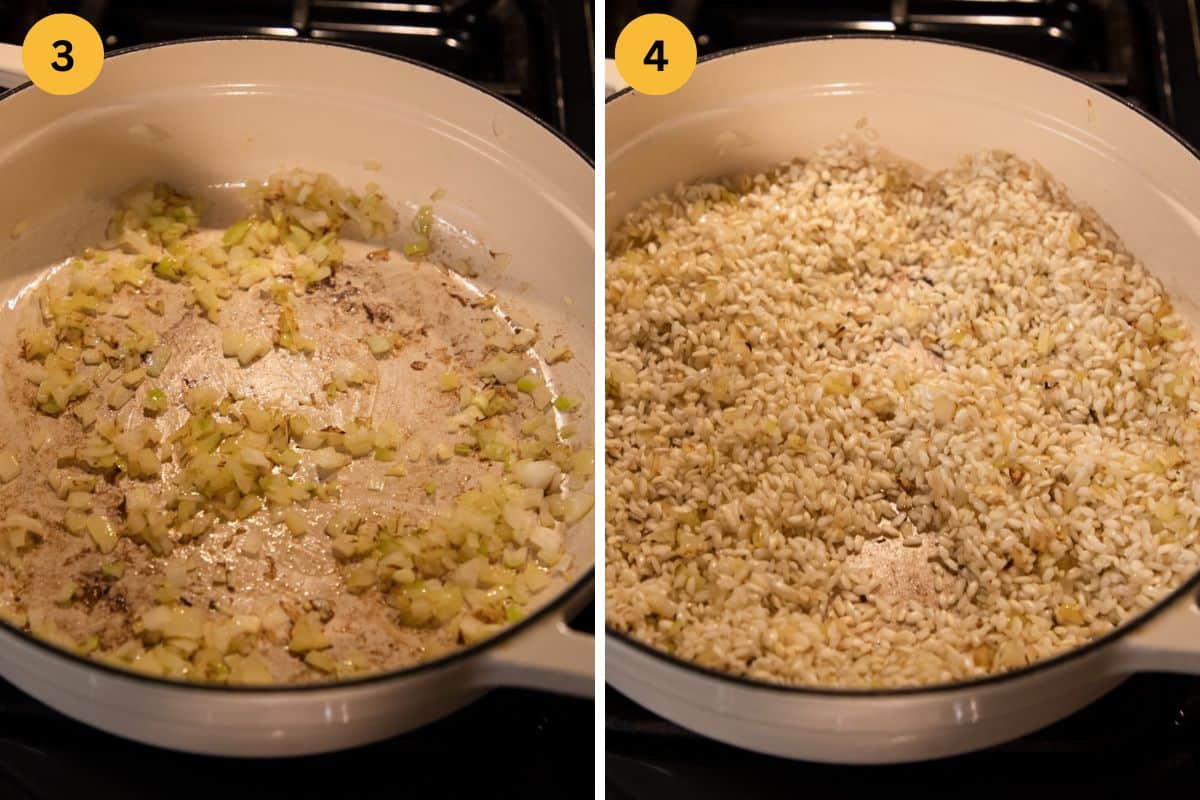 collage of two pictures of sauteing onion and rice in a pot.