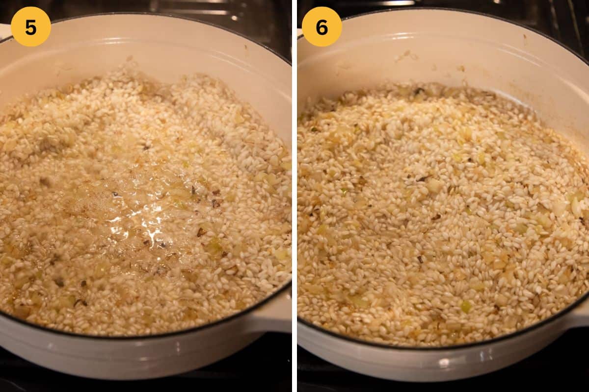 collage of two pictures of adding wine to risotto and let it bubble.