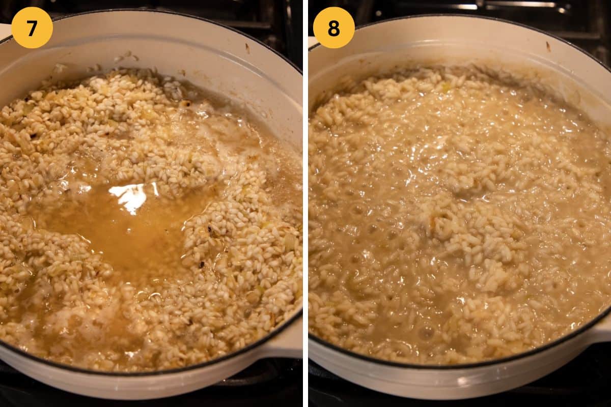 collage of two pictures of adding stock to risotto and cooking it off.
