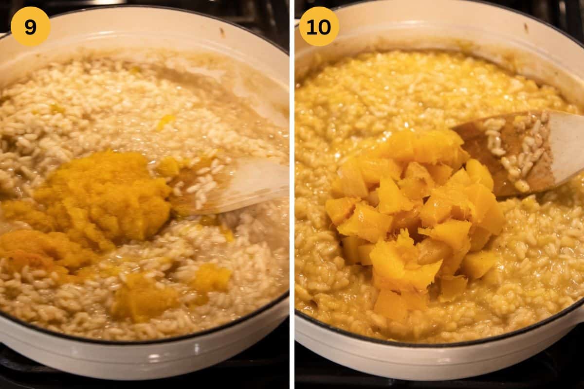 collage of two pictures of adding pumpkin puree and then cubes to risotto.