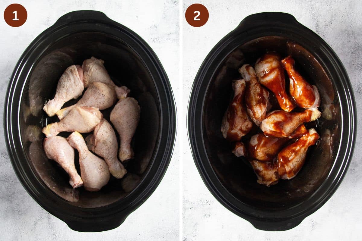 collage of two pictures of chicken drumsticks in a crockpot before and after slow cooking.