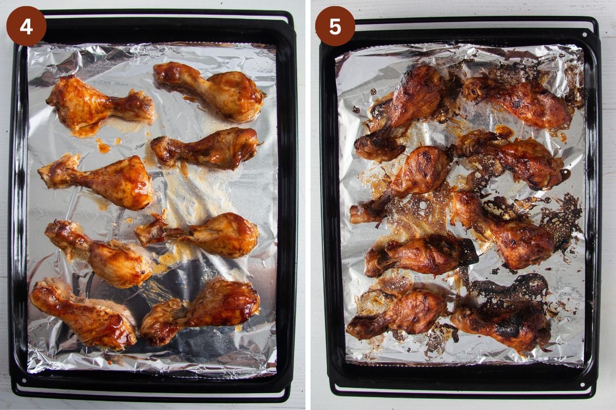 collage of two pictures of chicken legs on a baking tray before and after broiling.