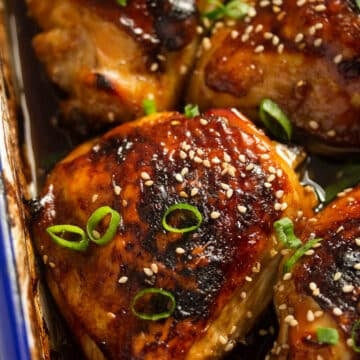 chicken thighs glazed with teriyaki and sprinkled with green onions.