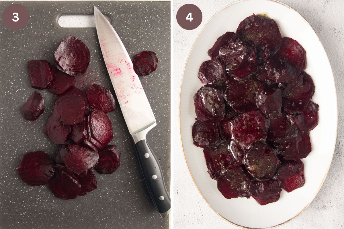 collage of two pictures of slicing beets and arranging them on a plate.