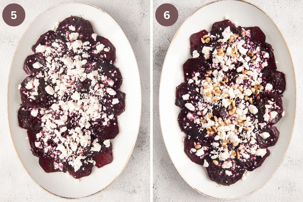 image of two pictures of layering beet slices and feta on a platter.