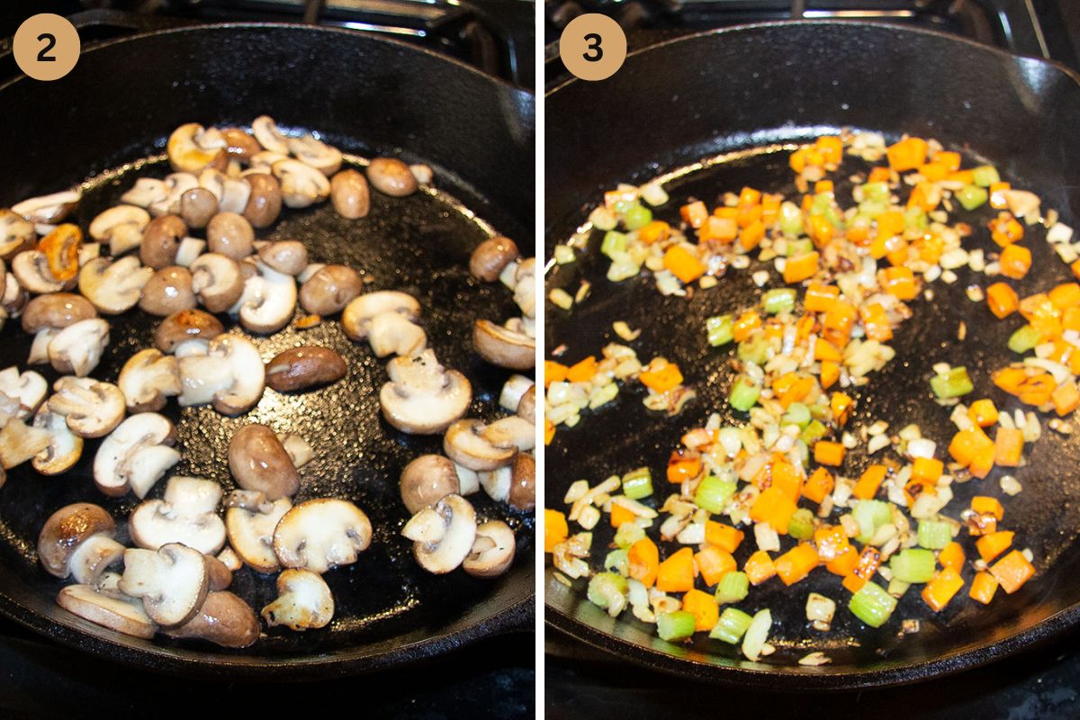 collage of two pictures of frying mushrooms and then vegetables in a cast iron skillet.