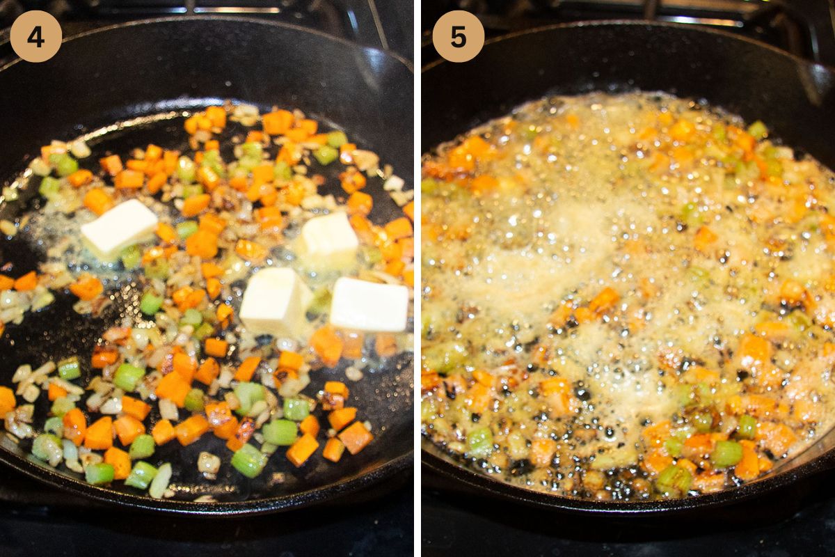 collage of two pictures of adding butter to vegetables and then flour.