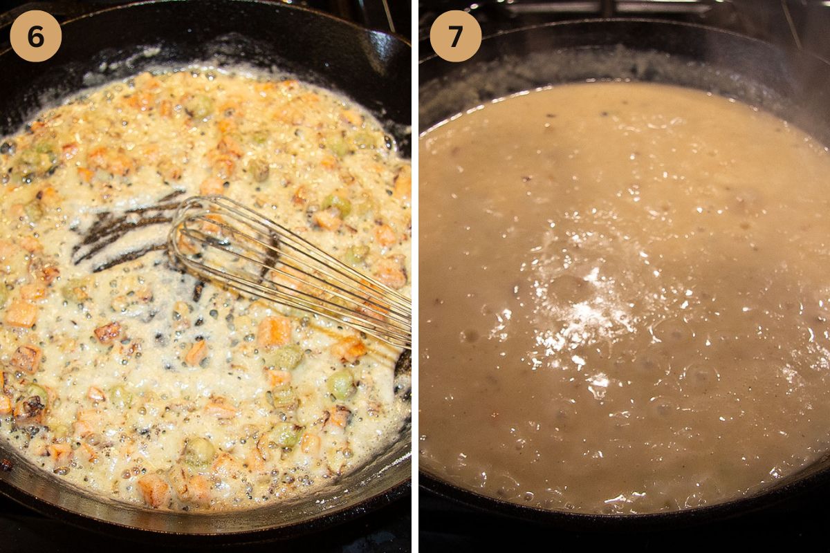 collage of two pictures of making gravy for pot pie in a cast iron skillet.
