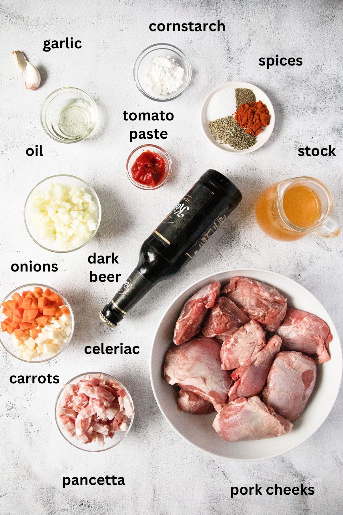 listed ingredients for cooking pork cheeks wiht dark beer, vegetables and pancetta.