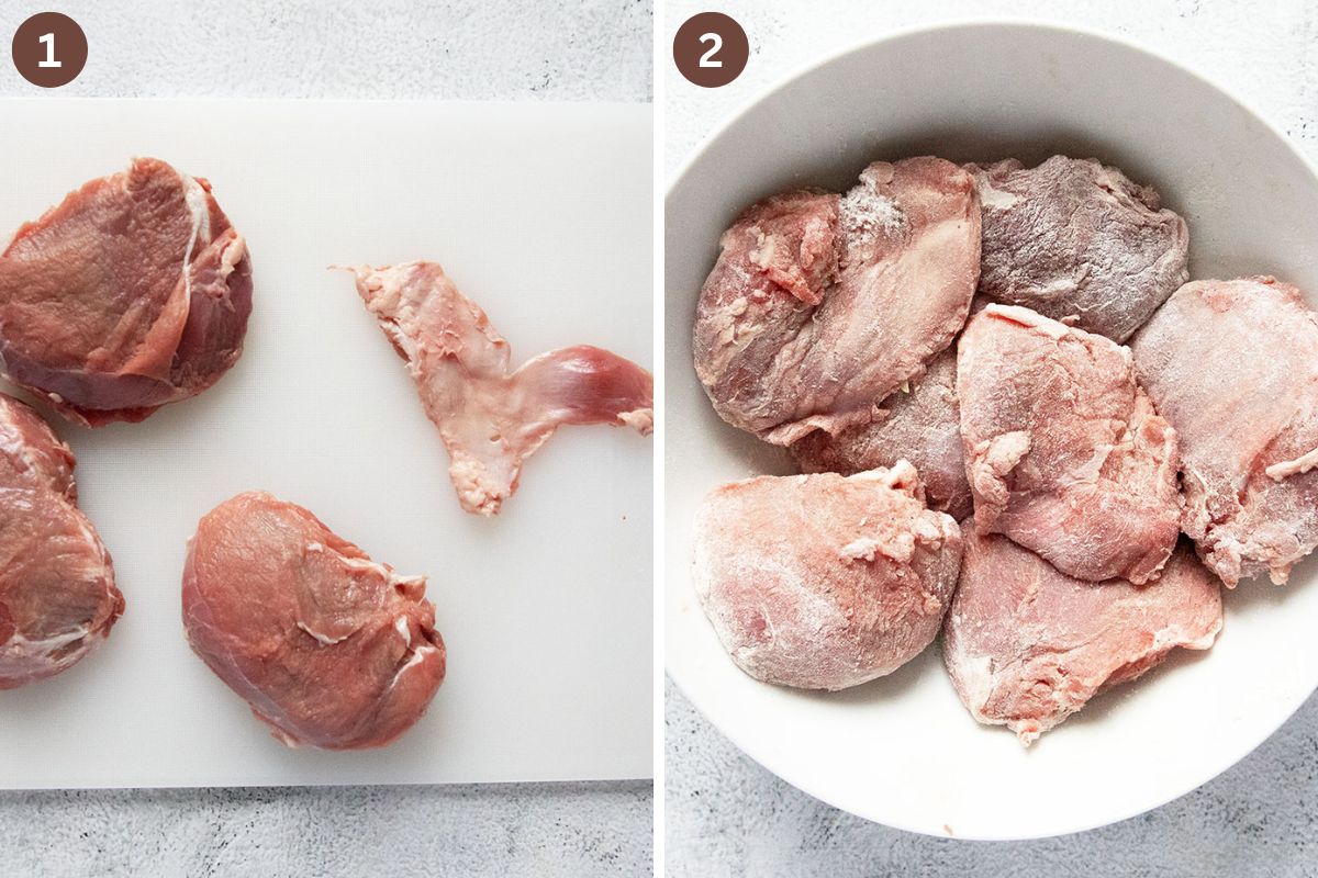 collage of two pictures of trimming pig cheeks and then flouring them in a bowl.