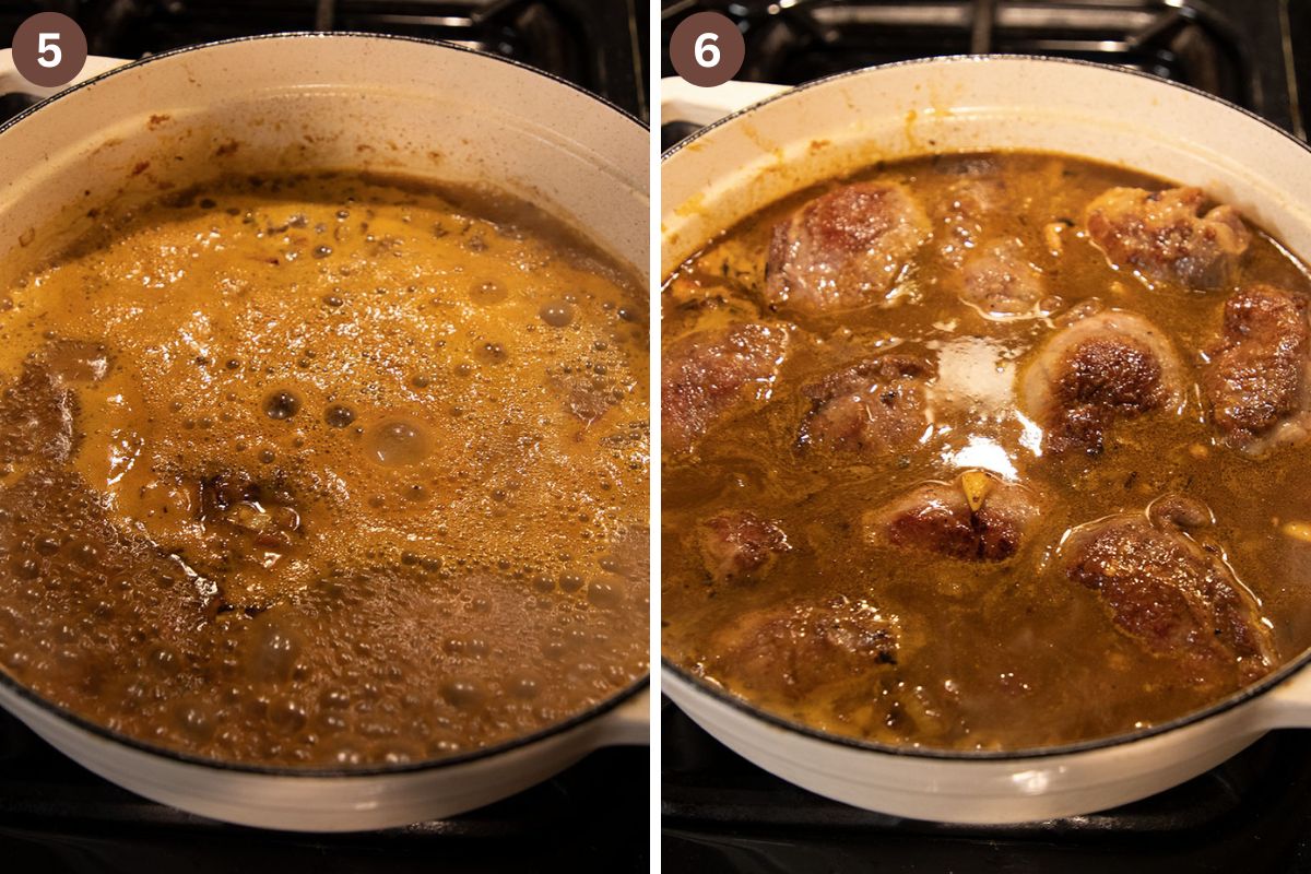 collage of two pictures of adding beer and then simmering meat in the sauce.