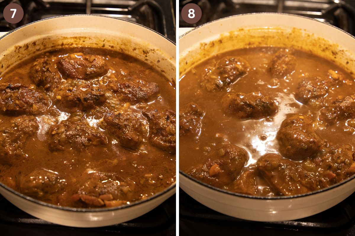 collage of two pictures of pork cheeks in sauce before and after simmering.