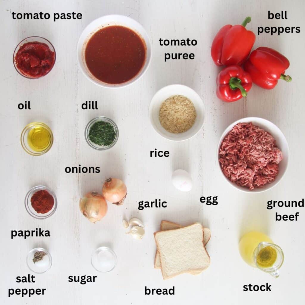 listed ingredients for making stuffed peppers with meat and rice in tomato sauce.