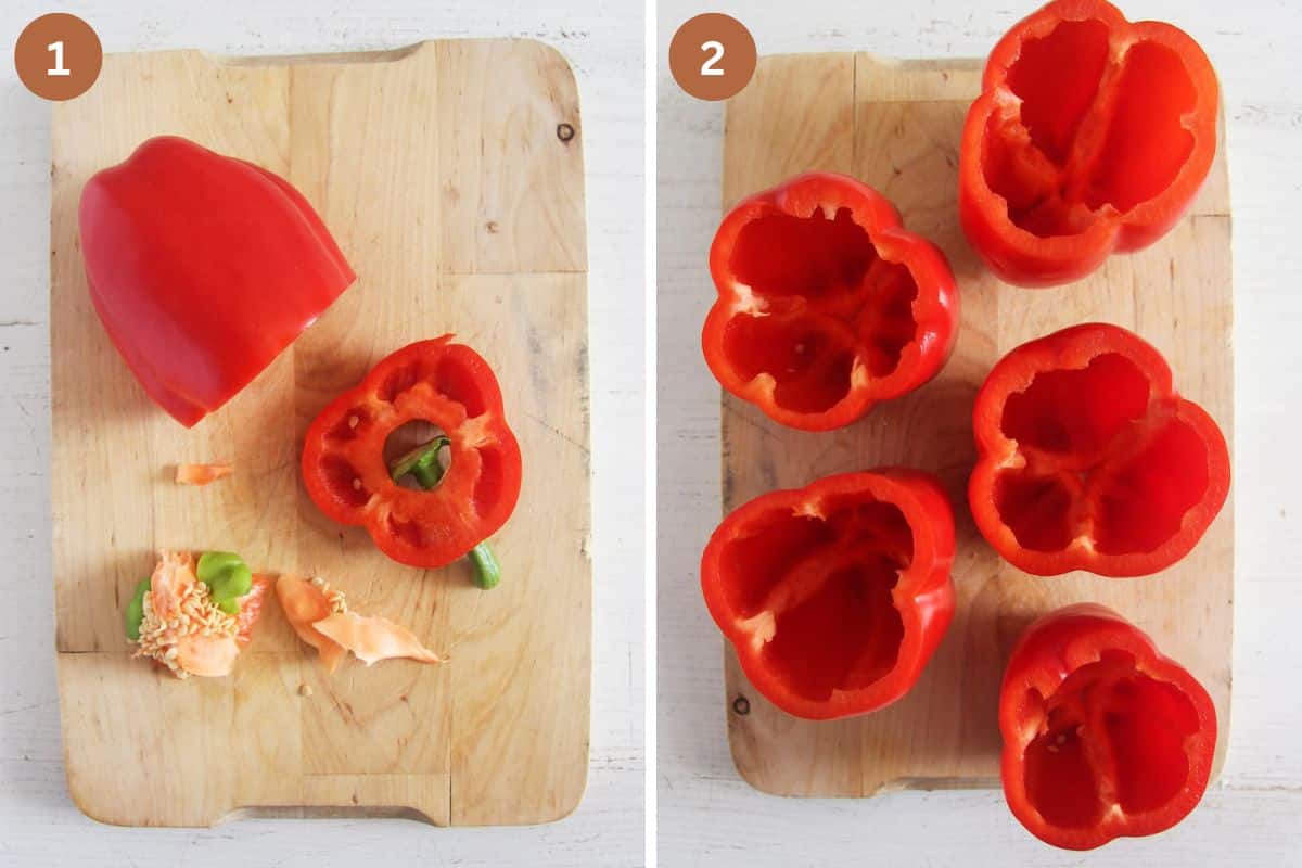 collage of two pictures of preparing red bell peppers for stuffing.