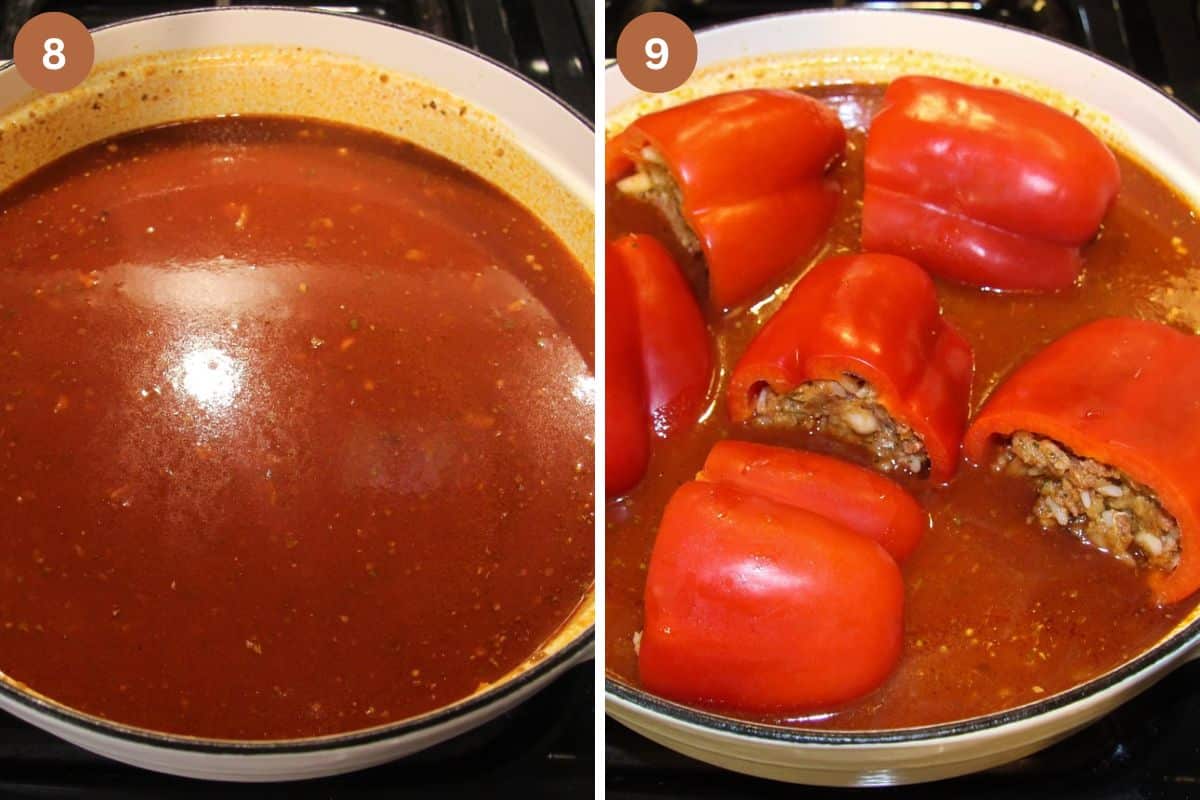 collage of two pictures of cooking stuffed peppers in tomato sauce.