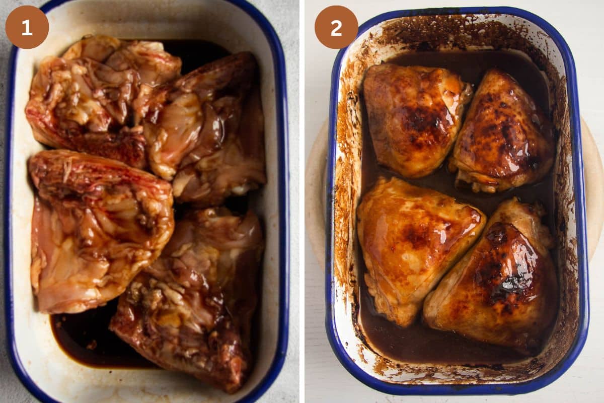 collage of two pictures of thighs in sauce before and after baking.
