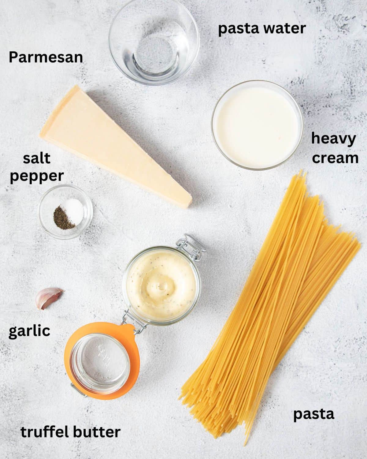 listed ingredients for making spaghetti with truffle butter, cream and Parmesan.