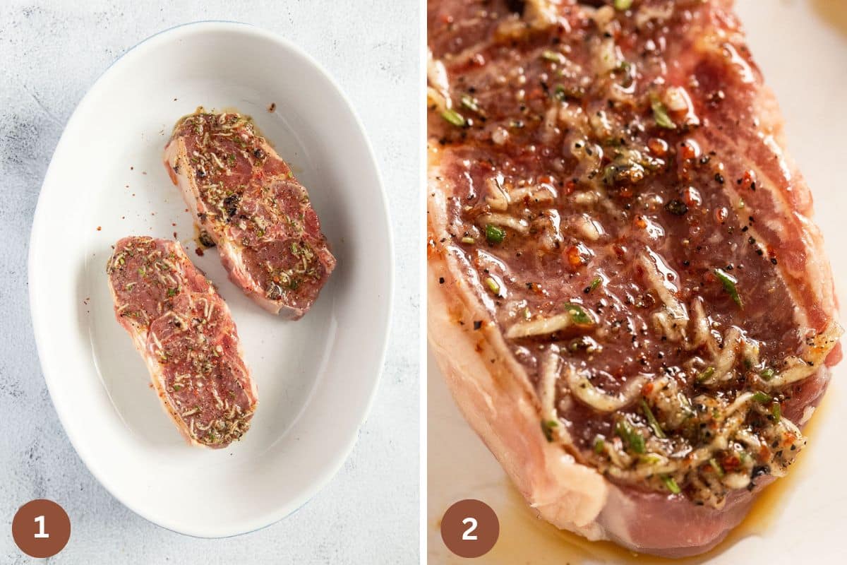 collage of two pictures of two lamb chops marinating and one covered in marinade close up.