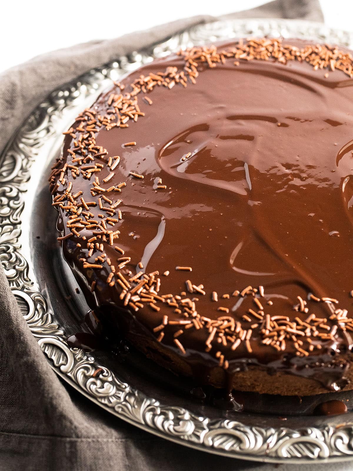 shiny glazed chocolate cake made with irish cream liqueur.
