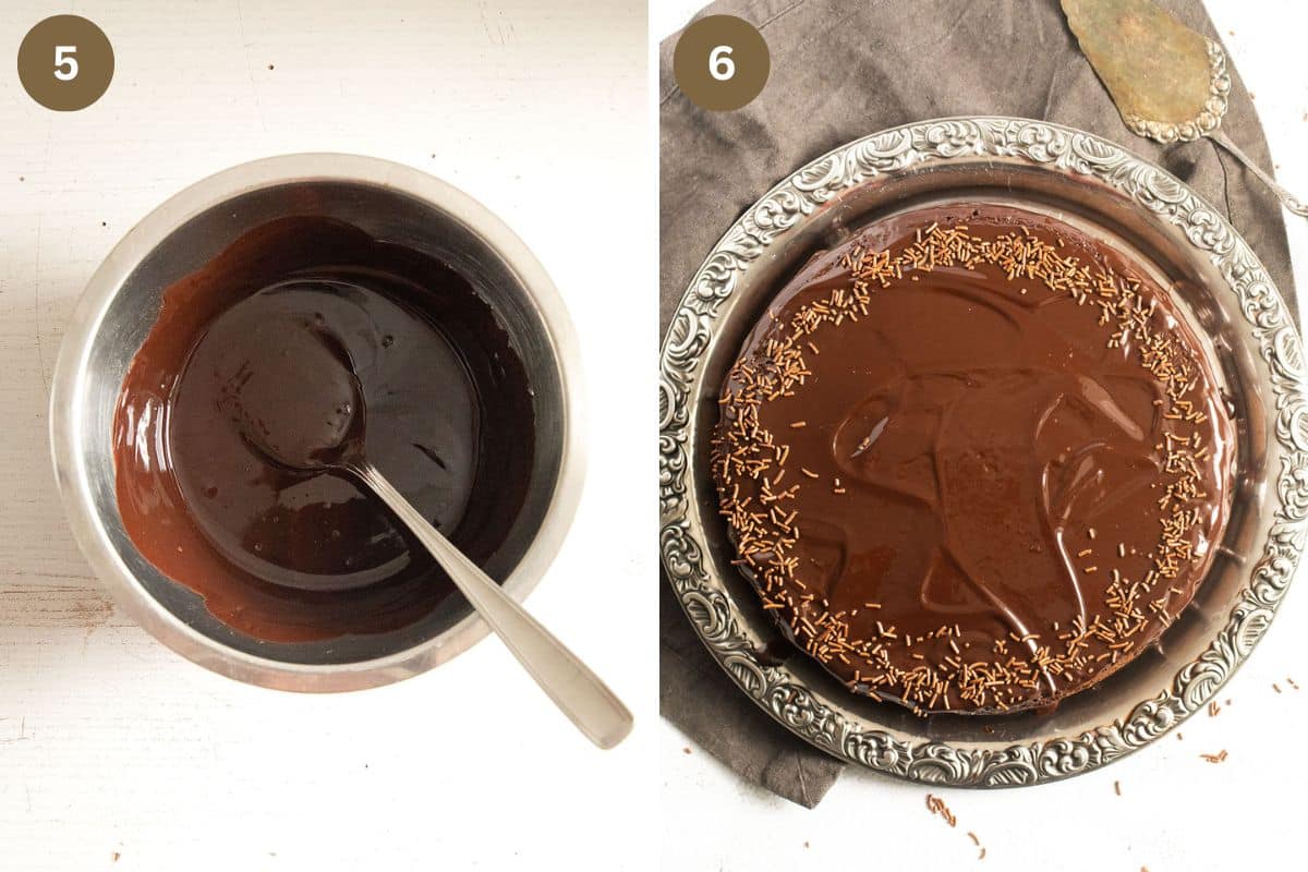 collage of two pictures of chocolate glaze in a bowl and a glazed cake.