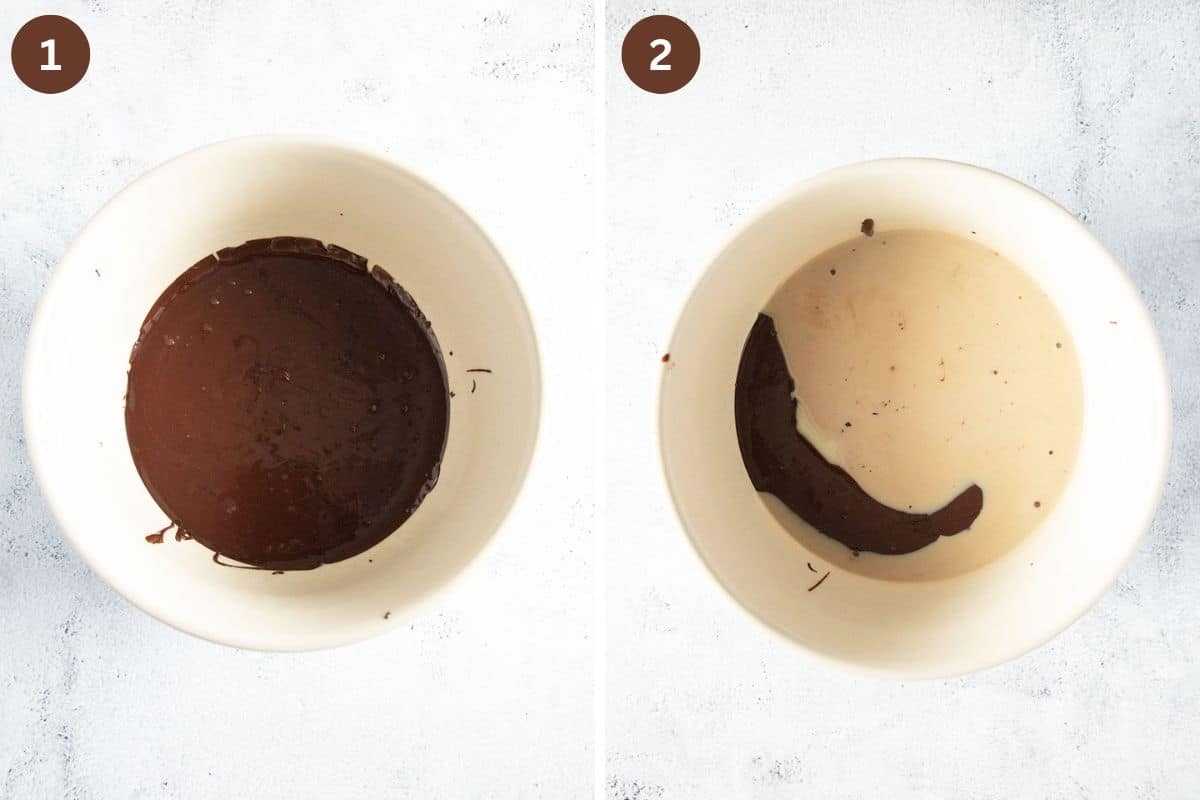 collage of two pictures of melted chocolate and then fudge mixture in a bowl.