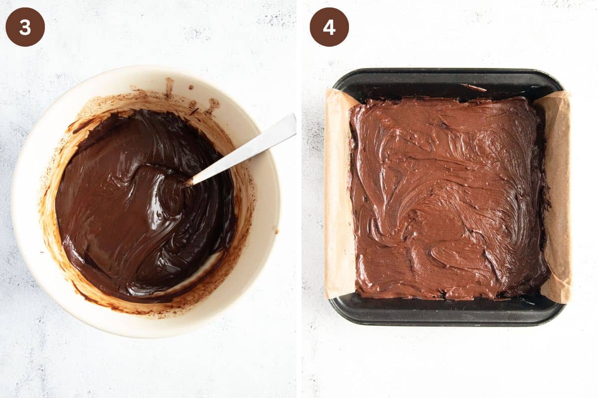 collage of two pictures of fudge mix in a bowl and then in a baking dish.