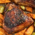pinterest image with title for baked chicken and sweet potatoes.