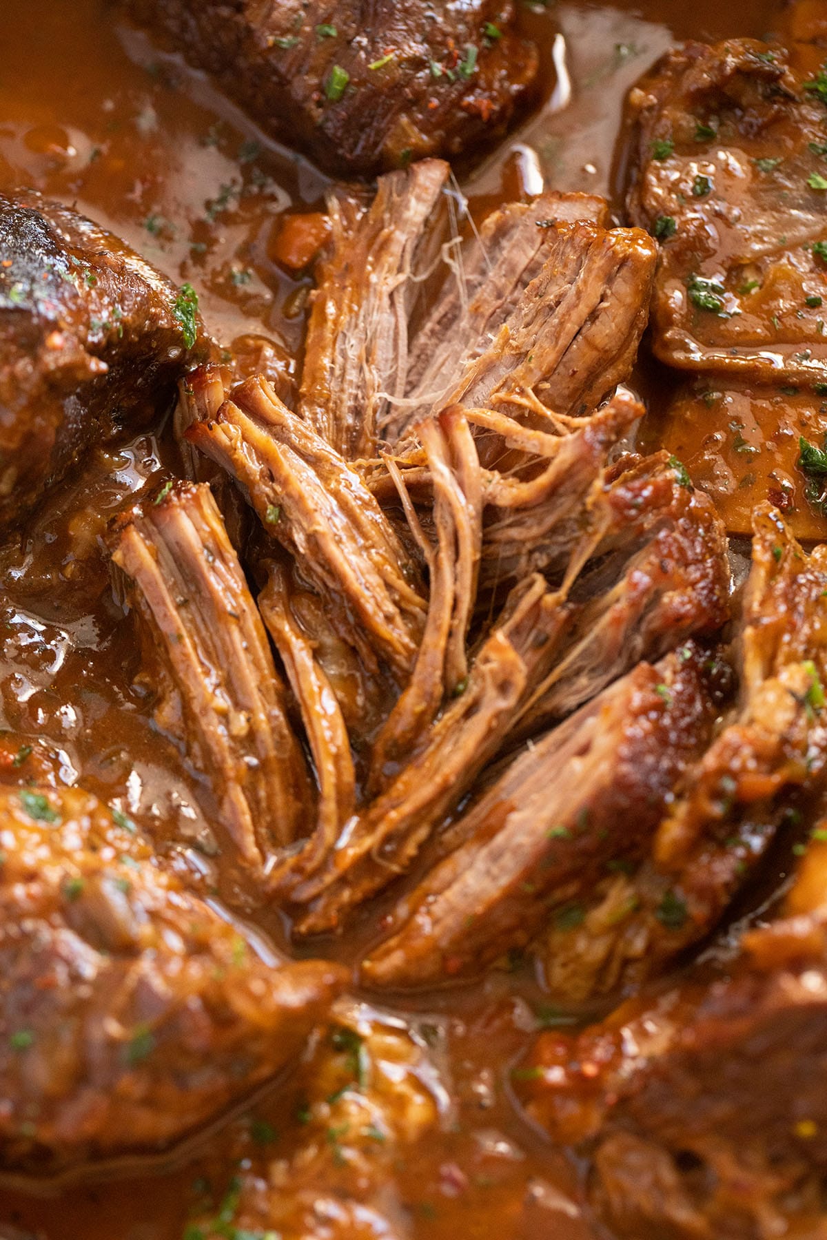 pulled piece of beef ribs in sauce close up.