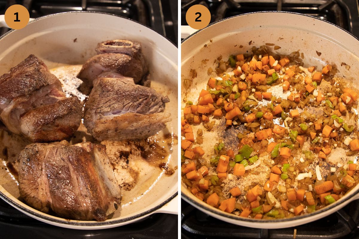 collage of two pictures of browning ribs and then vegetables in a white dutch oven.