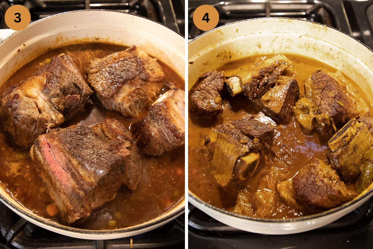 collage of two pictures of cooking beef ribs in guinness sauce.