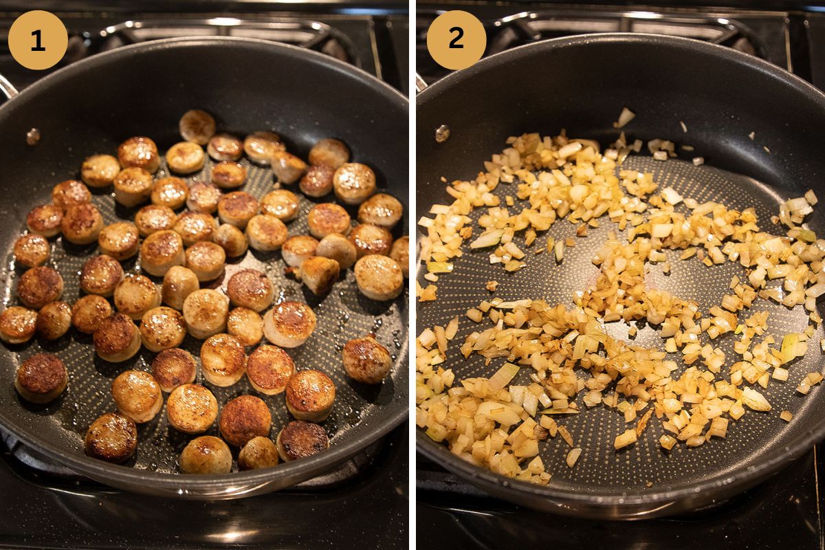 collage of two pictures of frying sausage slices and then onions in a pan.