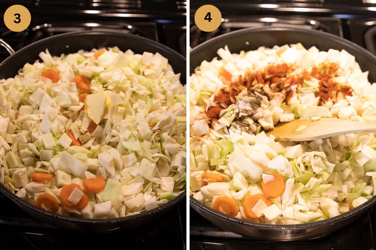 collage of two pictures of frying cabbage and then adding spices to the pot.