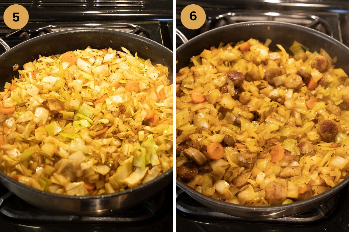 collage of two pictures of frying cabbage with sausages in a skillet.