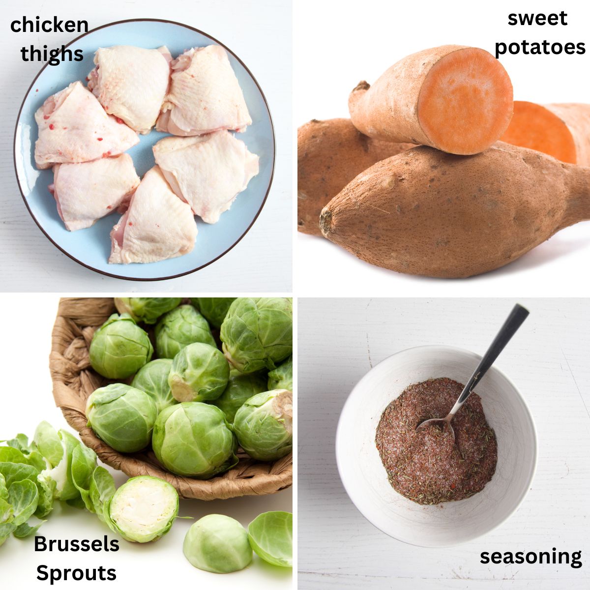 collage of four pictures of raw chicken, sweet potatoes, sprouts and spices.