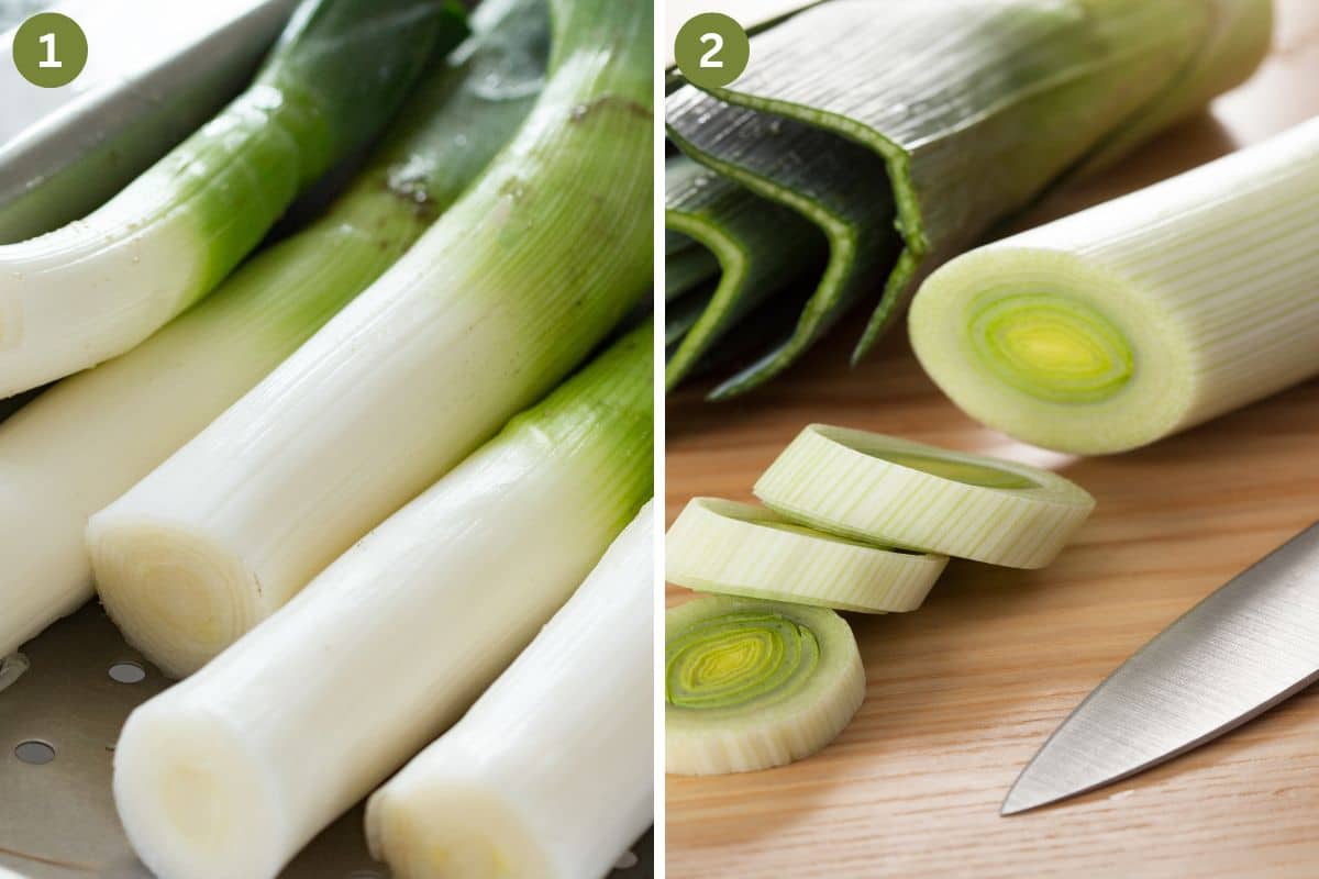 collage of two pictures of leeks before and after slicing.