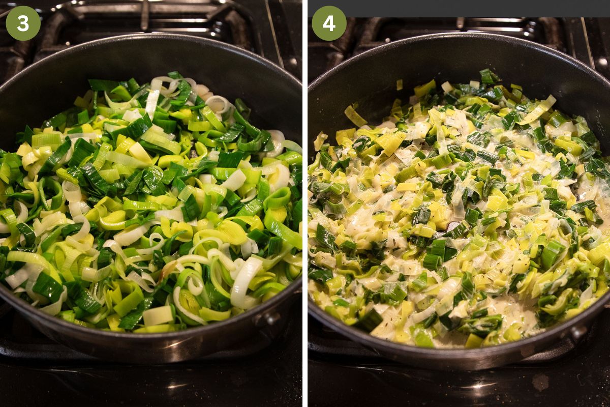 collage of two pictures of cooked leeks before and after adding heavy cream.