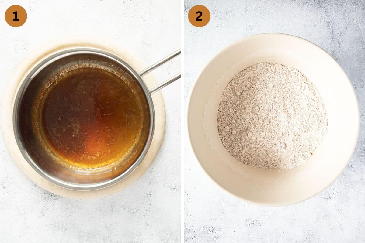 collage of two pictures of melted butter and treacle and wholemeal flour in a bowl.