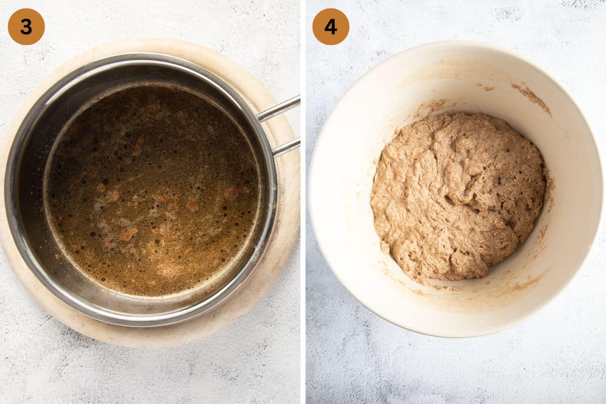 collage of two pictures of butter mixed with stout and dough for brown bread.