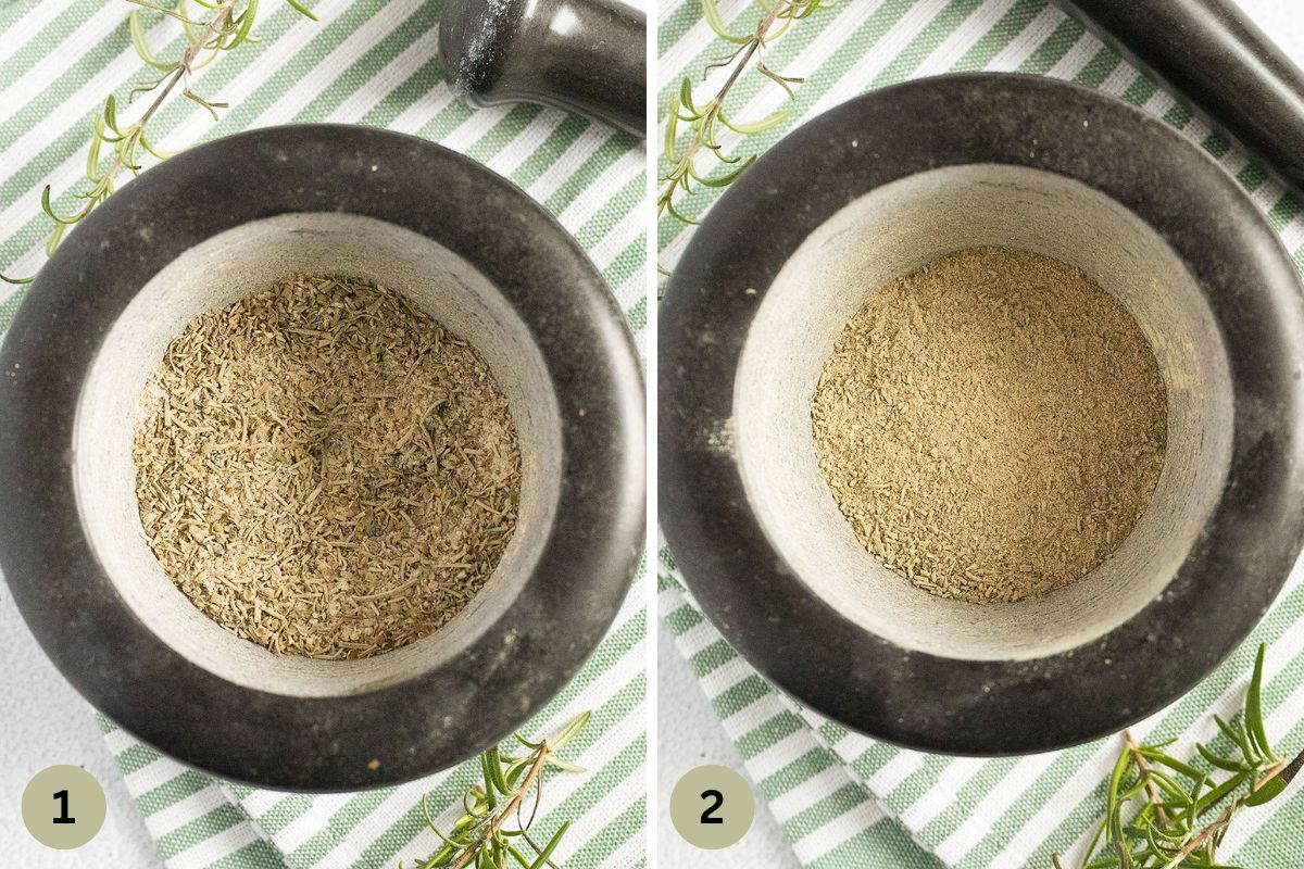 collage of two pictures of homemade seasoning before and after grinding in morser.