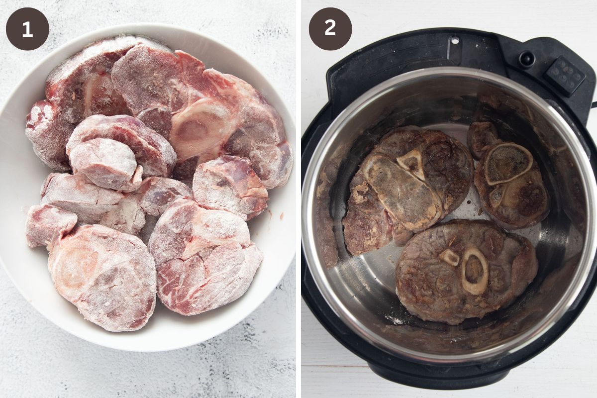 collage of two pictures of floured veal shanks and then searing them in the instant pot.