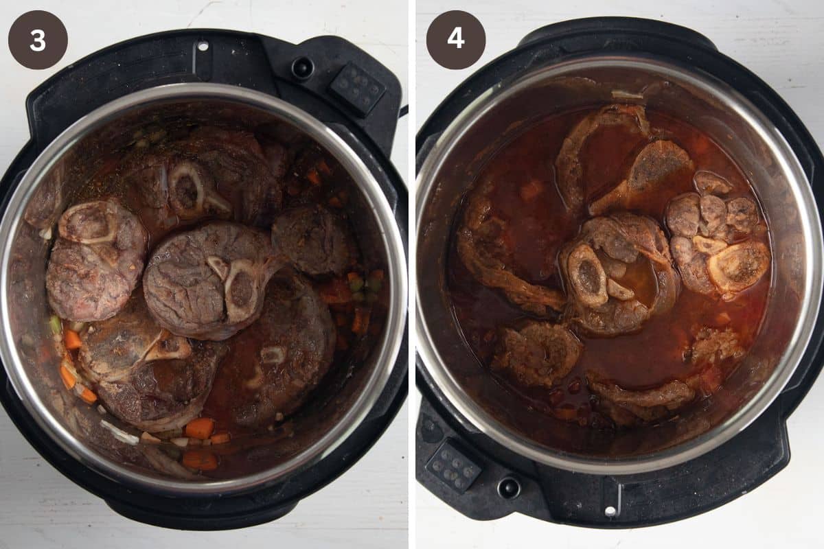 collage of two pictures of osso buco before and after cooking in the instant pot.