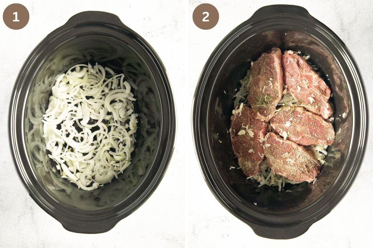 collage of two numbered pictures of sliced onions and then raw lamb chops in a crockpot.