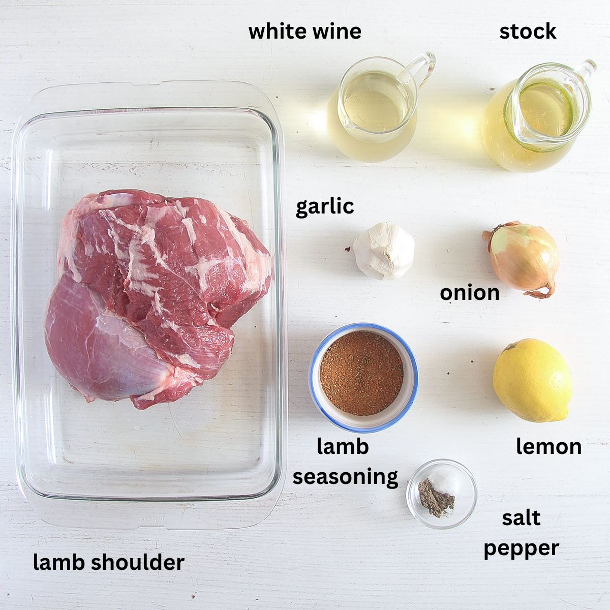 ingredients for pulled lamb shoulder with lemon and garlic.