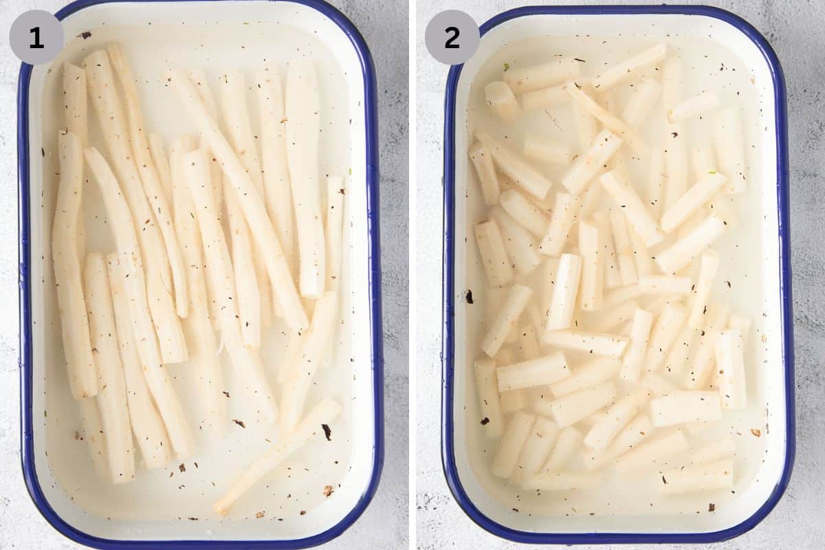 collage of two pictures of soaking peeled salsify in a large dish.