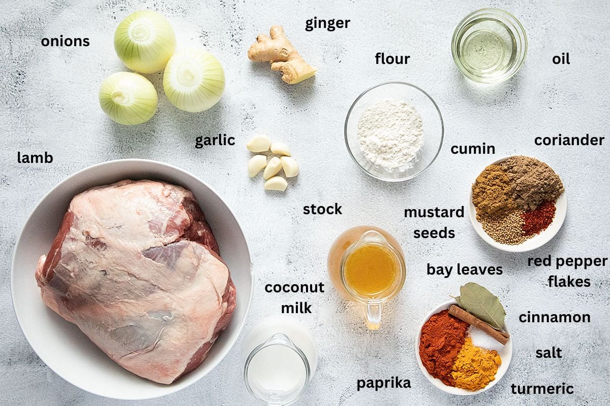 listed ingredients for slow cooking lamb curry with coconut milk.