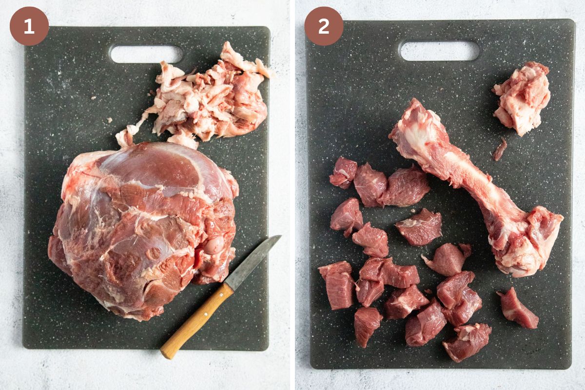 collage of two pictures of removing fat and bone from leg of lamb.
