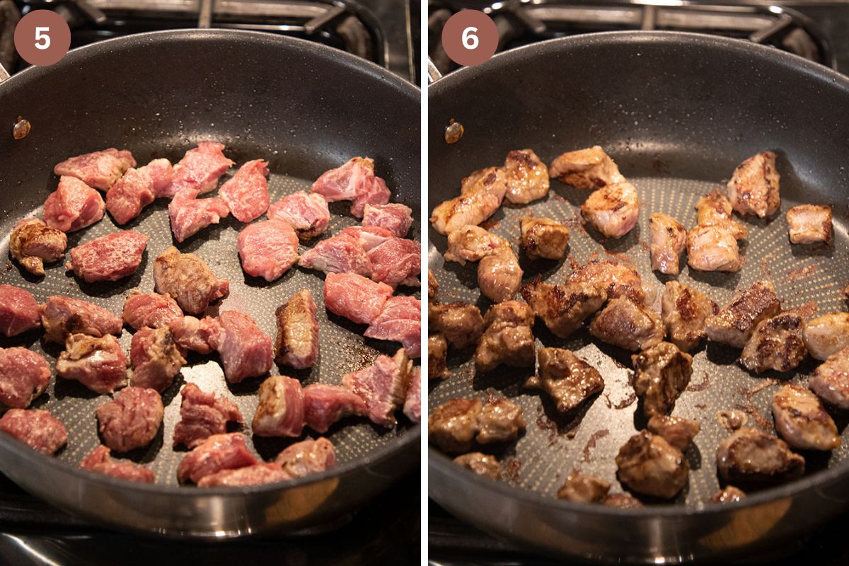 collage of two pictures of searing lamb pieces in a pan.